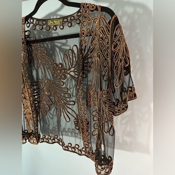 Sheer Open Front Special Occassion Cardigan with Gold/Black Embroidery - Picture 4 of 8